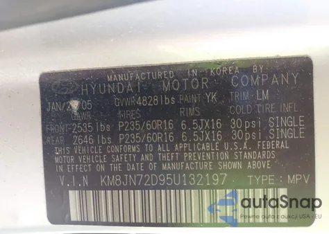 2005 Hyundai Tucson из США, поврежденный, VIN KM8JM72V95U132197